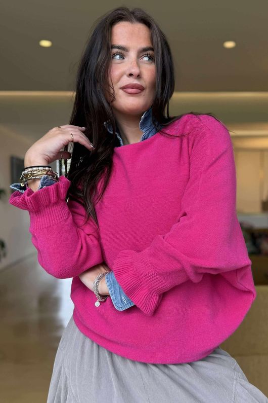 Conrad Batwing Ruffle Cuff Knit Hot Pink
